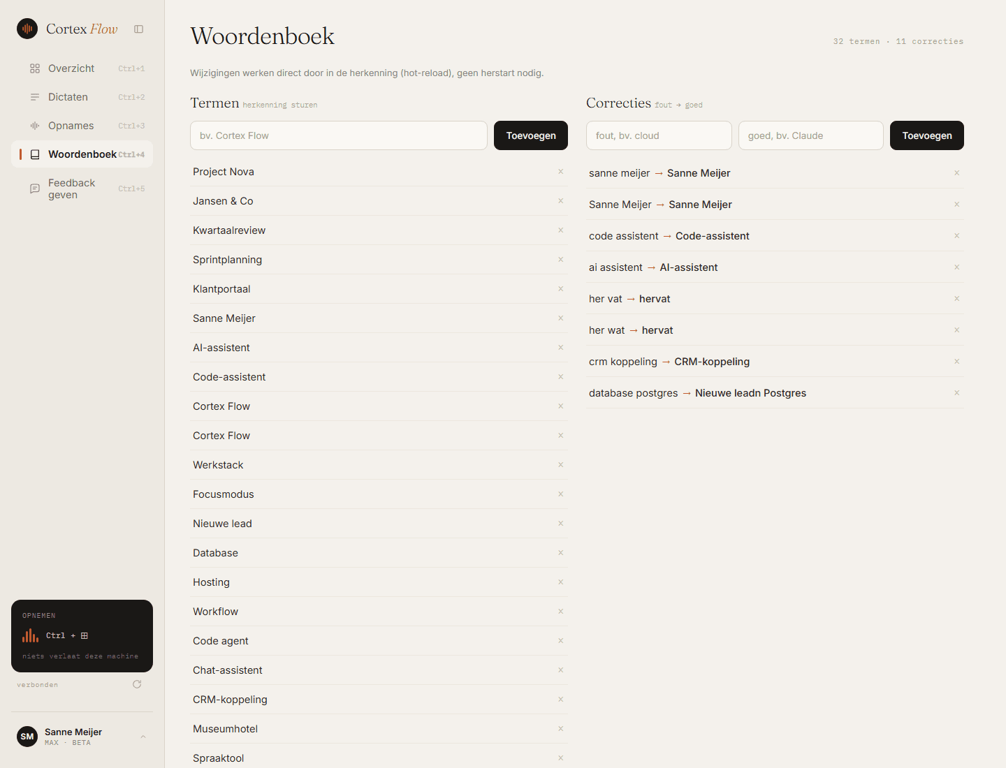 Cortex Flow woordenboek met termen en correcties