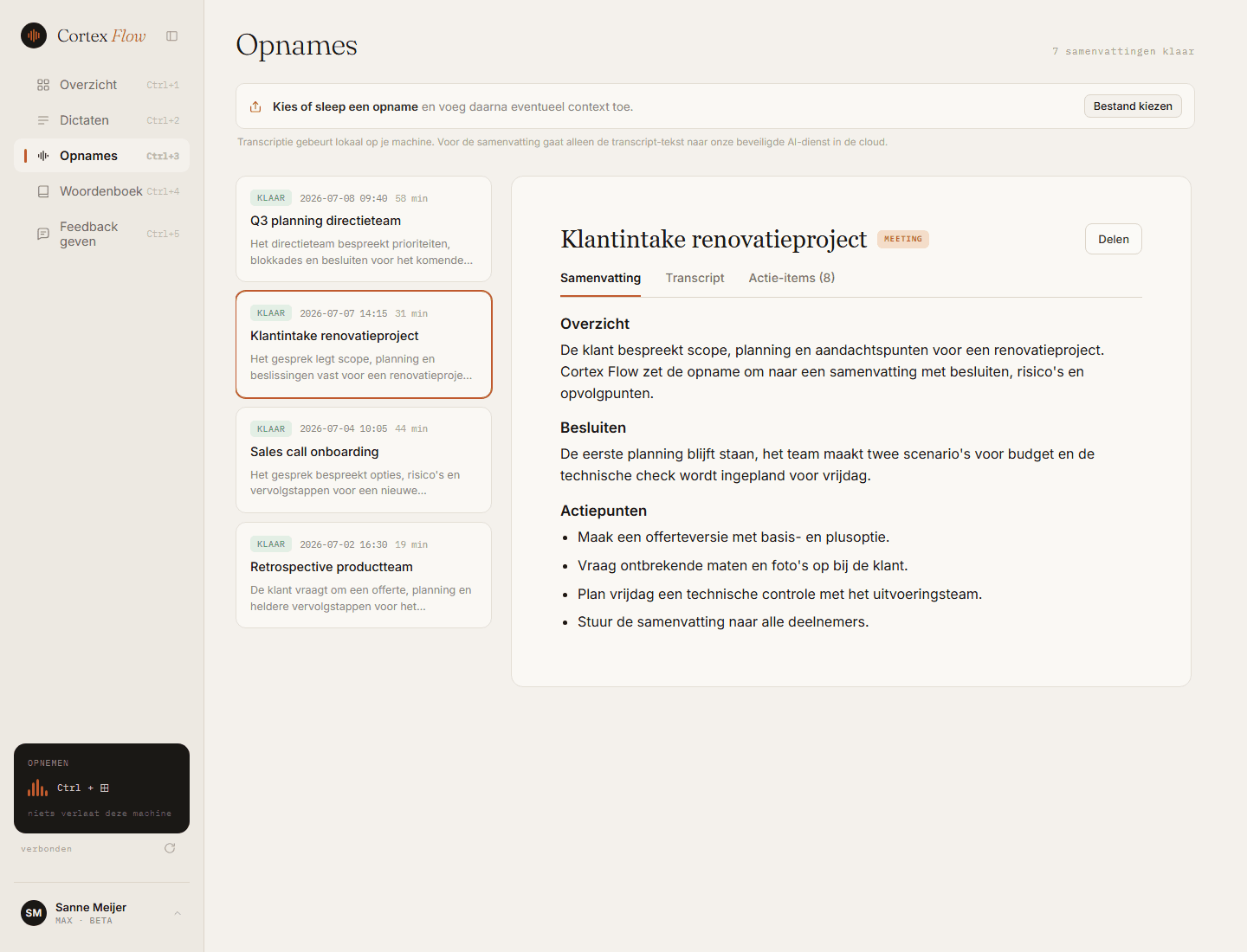 Cortex Flow opnamescherm met samenvatting en actiepunten
